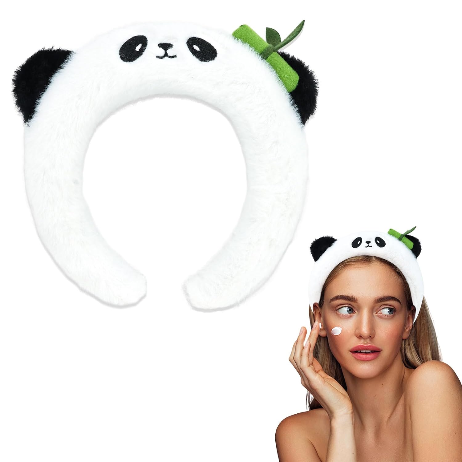 CURASA Cute Panda Headbands for Women & Girls - Kawaii Animal Hairbands for Kids & Adults - White Plush Spa Headbands for Face Washing & Skincare
