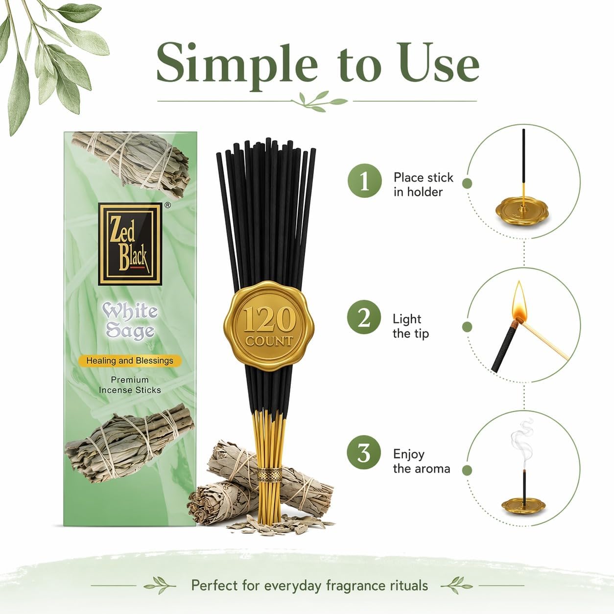 White Sage Incense Sticks - 120 Count | Natural Air Purifying Aromatherapy | Calming and Cleansing Fragrance | Perfect for Meditation, Relaxation, Prayer & Spiritual Rituals I Zed Black
