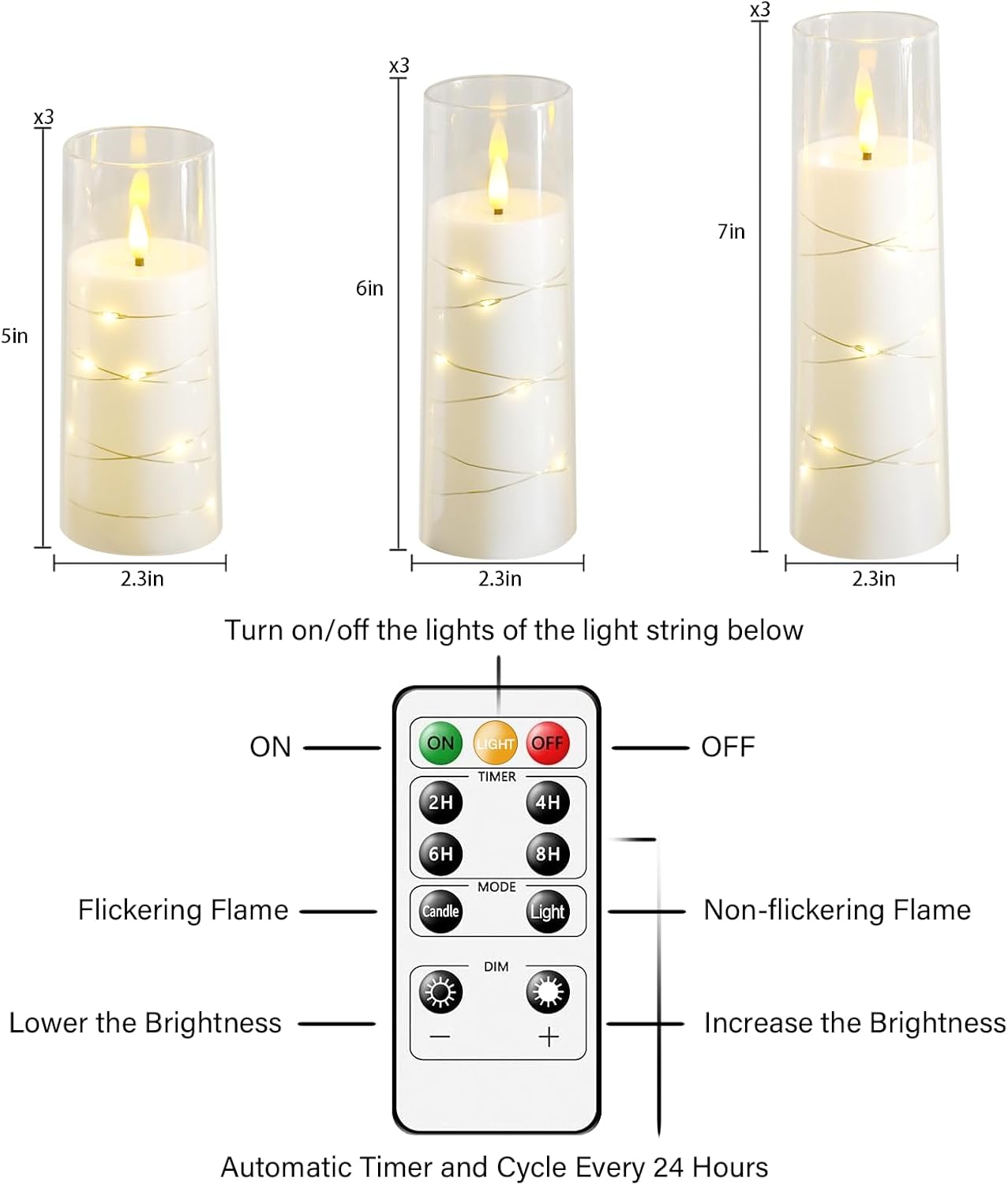 Nimiko Flickering Flameless LED Candles, 9 Pcs with Embedded Star String, Acrylic LED Pillar Candles with Remote, Suitable for Home Decoration (White)