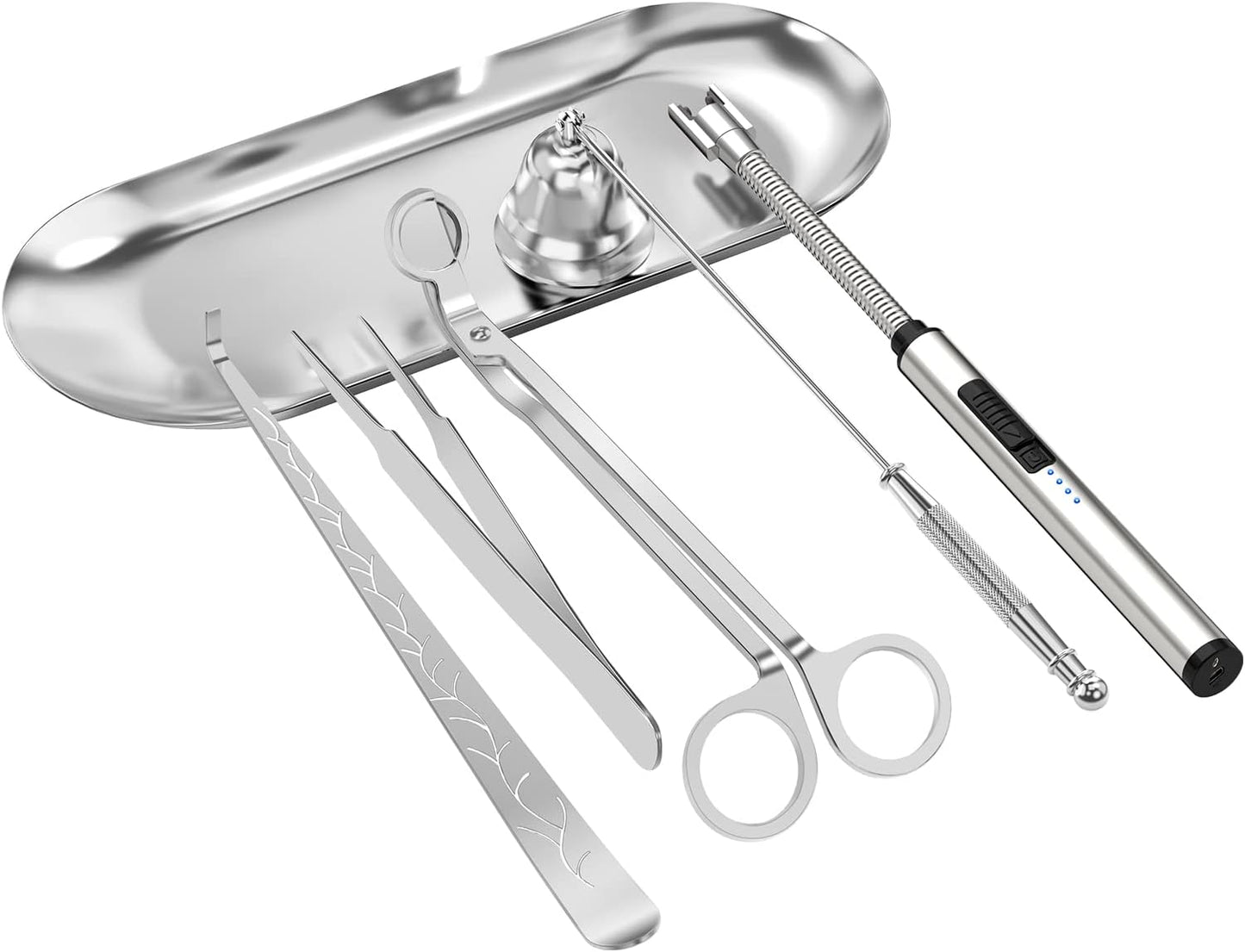 6 in 1 Candle Accessory Set,Candle Wick Trimmer Cutter,Candle Wick Dipper,Candle Wick Snuffer, Rechargeable Candle Lighter,Storage Tray Plate,Tweezers,Stainless Steel Candle Care Kit Home Gift