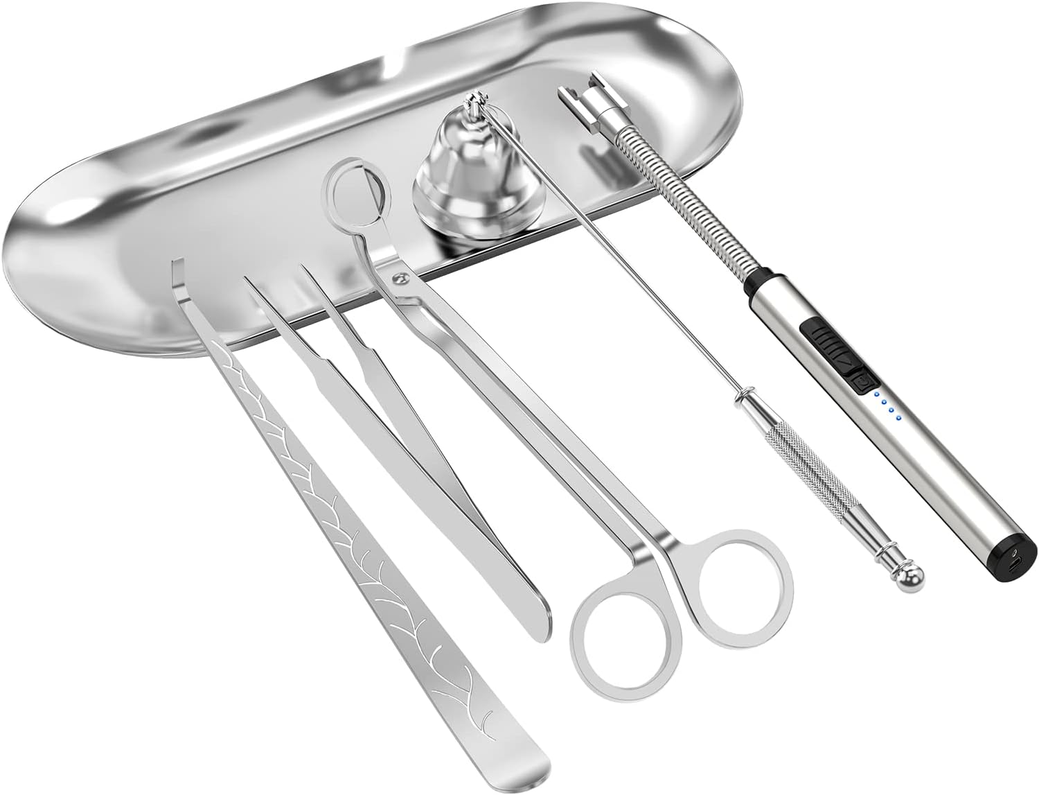 6 in 1 Candle Accessory Set,Candle Wick Trimmer Cutter,Candle Wick Dipper,Candle Wick Snuffer, Rechargeable Candle Lighter,Storage Tray Plate,Tweezers,Stainless Steel Candle Care Kit Home Gift