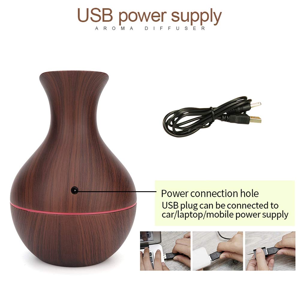 Essential Oil Diffuser, 130ml USB LED Ultrasonic Diffuser Essential Oil Diffuser Humidifier with 7 colors Portable Cool Mist Humidifier for Home Office.(Dark Wooden Grain)