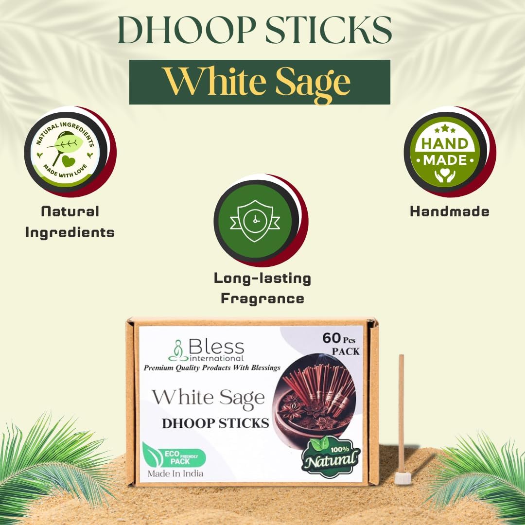 Bless-International White-Sage-100%-Natural-Incense-Bambooless-Dhoop-Sticks Handmade-Organic-Chemicals-Free for-Purification-Relaxation-Positivity-Yoga-Meditation The-Best-scents-4.5-Inches-60-Sticks