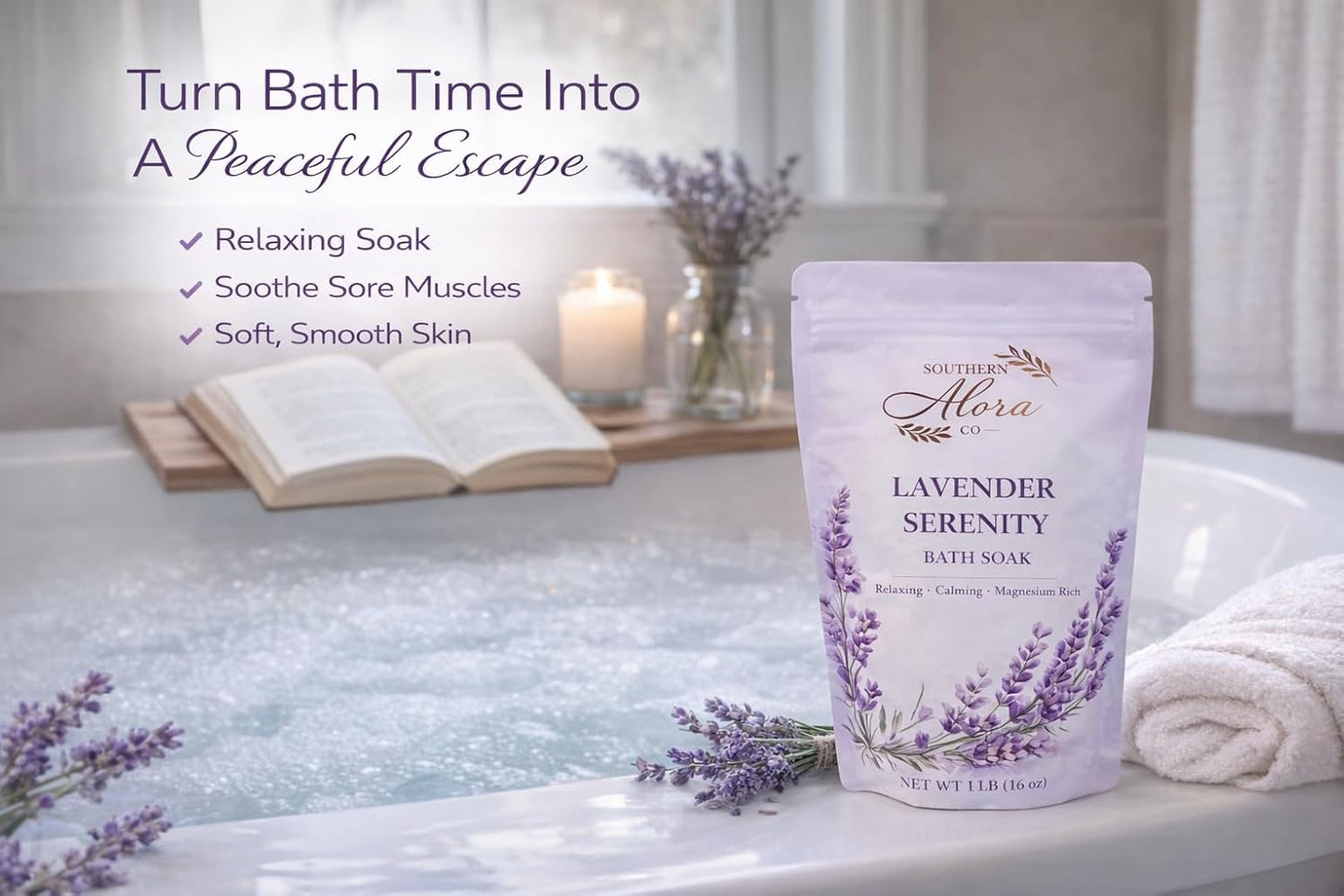 Southern Alora Lavender Bath Salts – Epsom Salt & Magnesium Bath Soak for Women Relaxing, Aromatherapy Mineral Spa Soak for Stress Relief, Muscle Recovery & Self Care