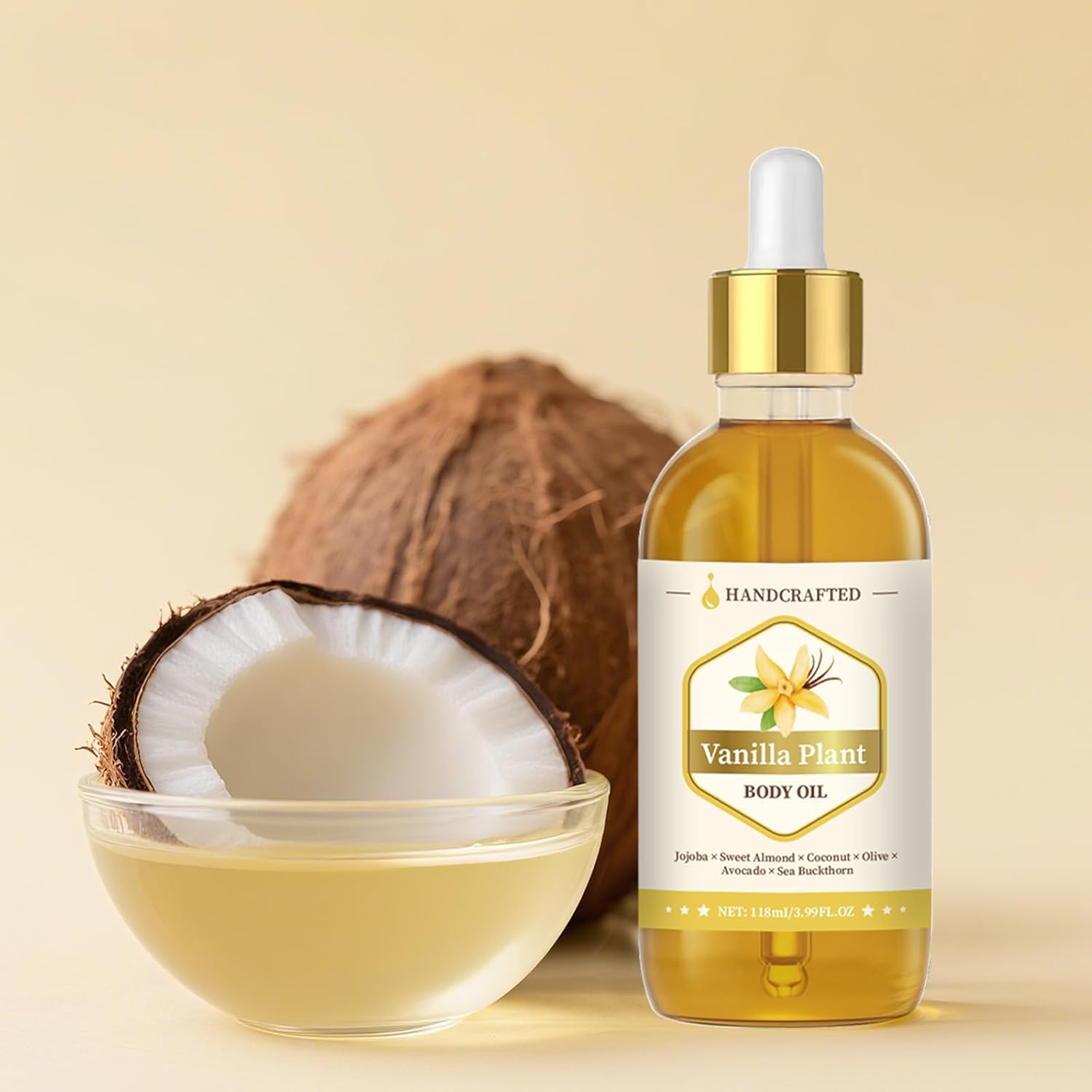 Handcrafted Vanilla Body Oil – 118 mL (3.99 fl oz) Hydrating Plant‑Oil Blend of Jojoba, Sweet Almond, Coconut & Sea Buckthorn for Skin & Hair