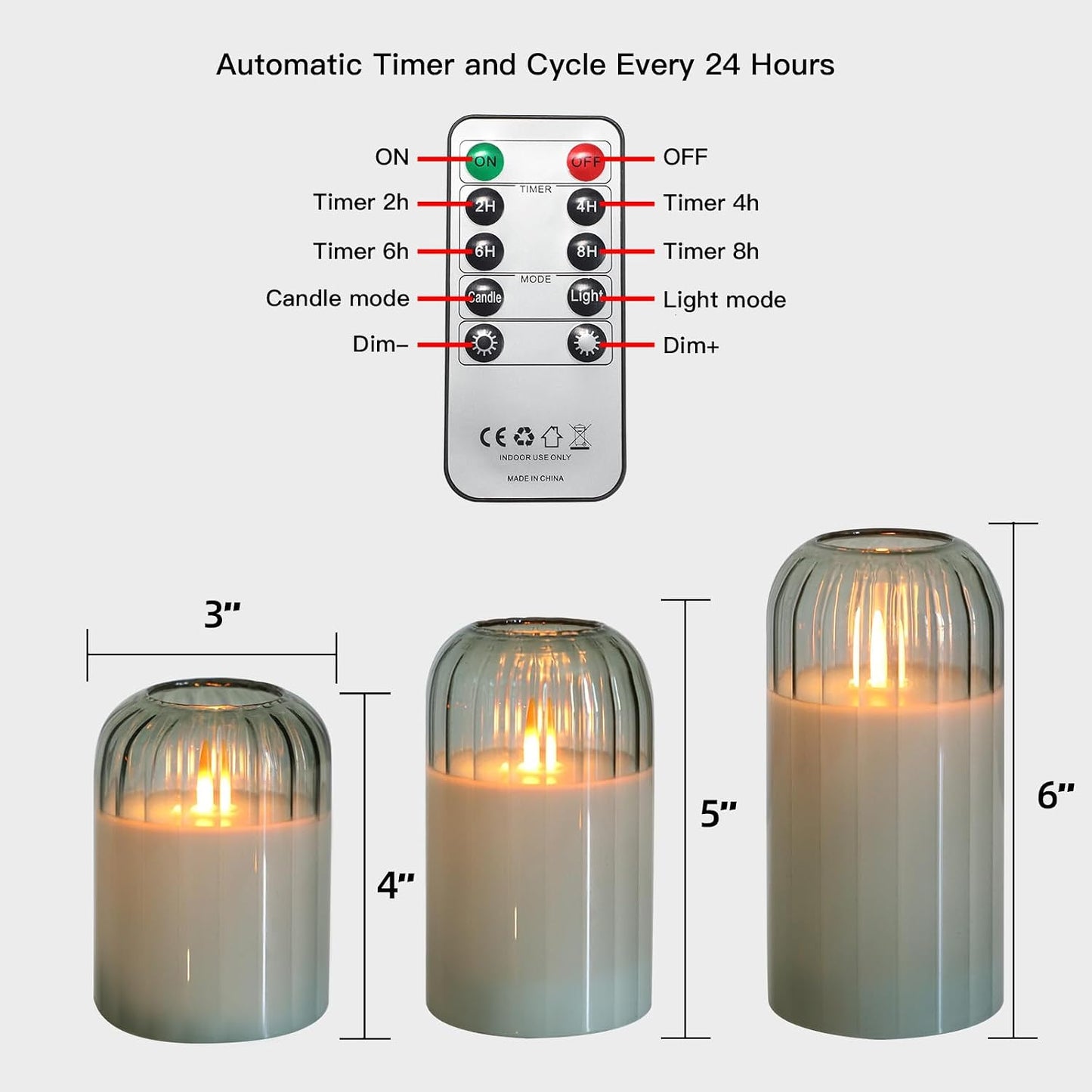 MUMCHASI Green Flameless Battery Operated Candles with Remote, Set of 5 Glass Jar LED Candles with Dancing Flame, Flickering Electric Candlelight for Home Wedding Party Decor H4”5”5”6" 6”