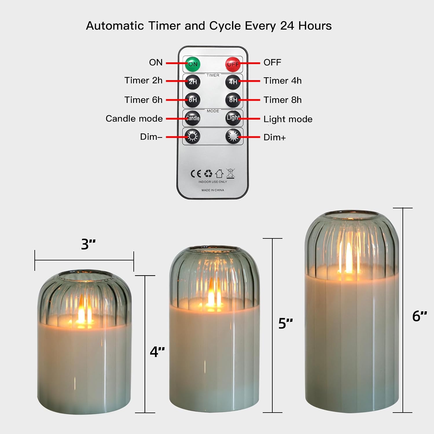 MUMCHASI Green Flameless Battery Operated Candles with Remote, Set of 5 Glass Jar LED Candles with Dancing Flame, Flickering Electric Candlelight for Home Wedding Party Decor H4”5”5”6" 6”