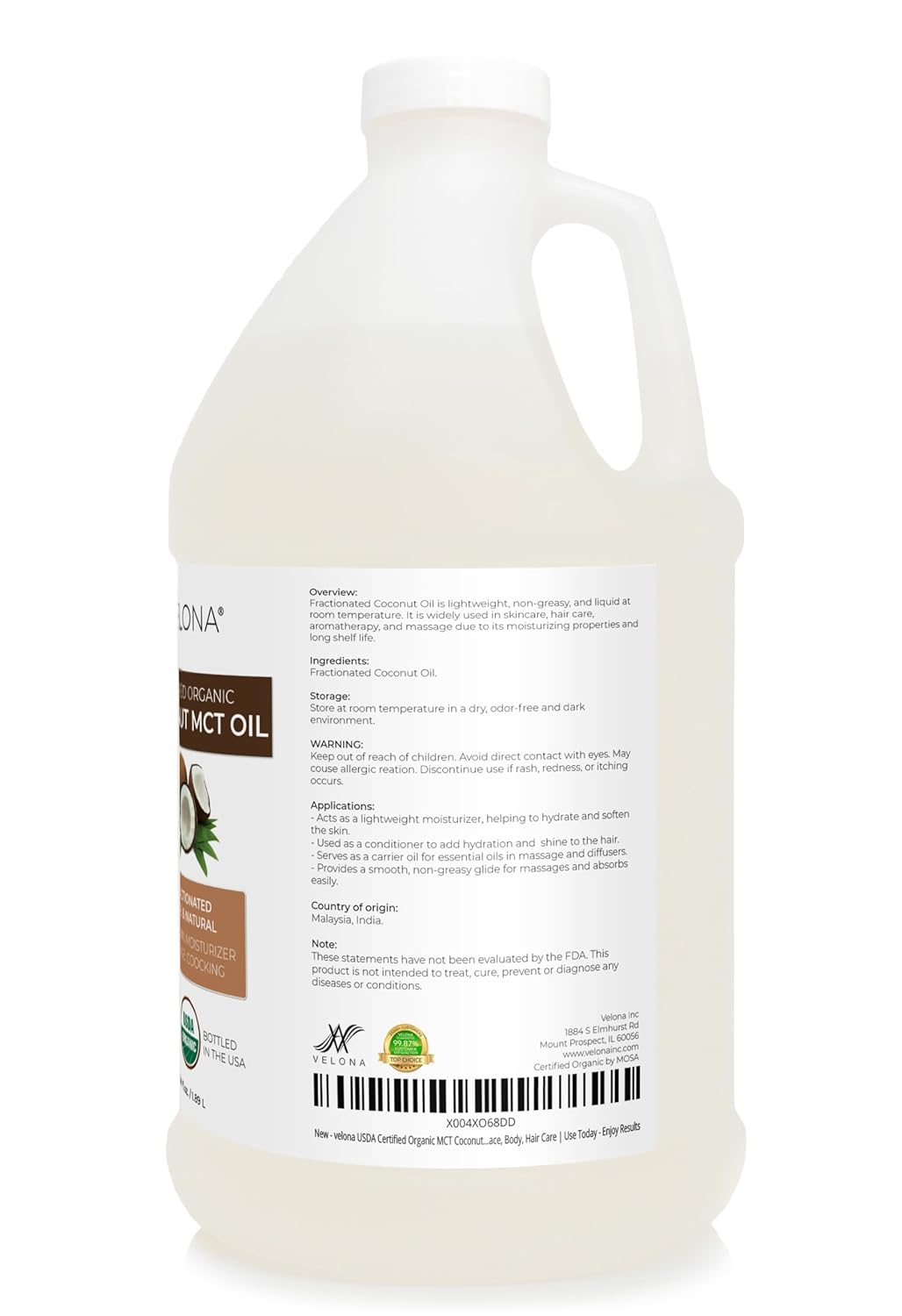 velona USDA Certified Organic MCT Coconut Oil - 64 fl oz | 100% from Coconut | Fractionated | Skin, Face, Body, Hair Care | Use Today - Enjoy Results