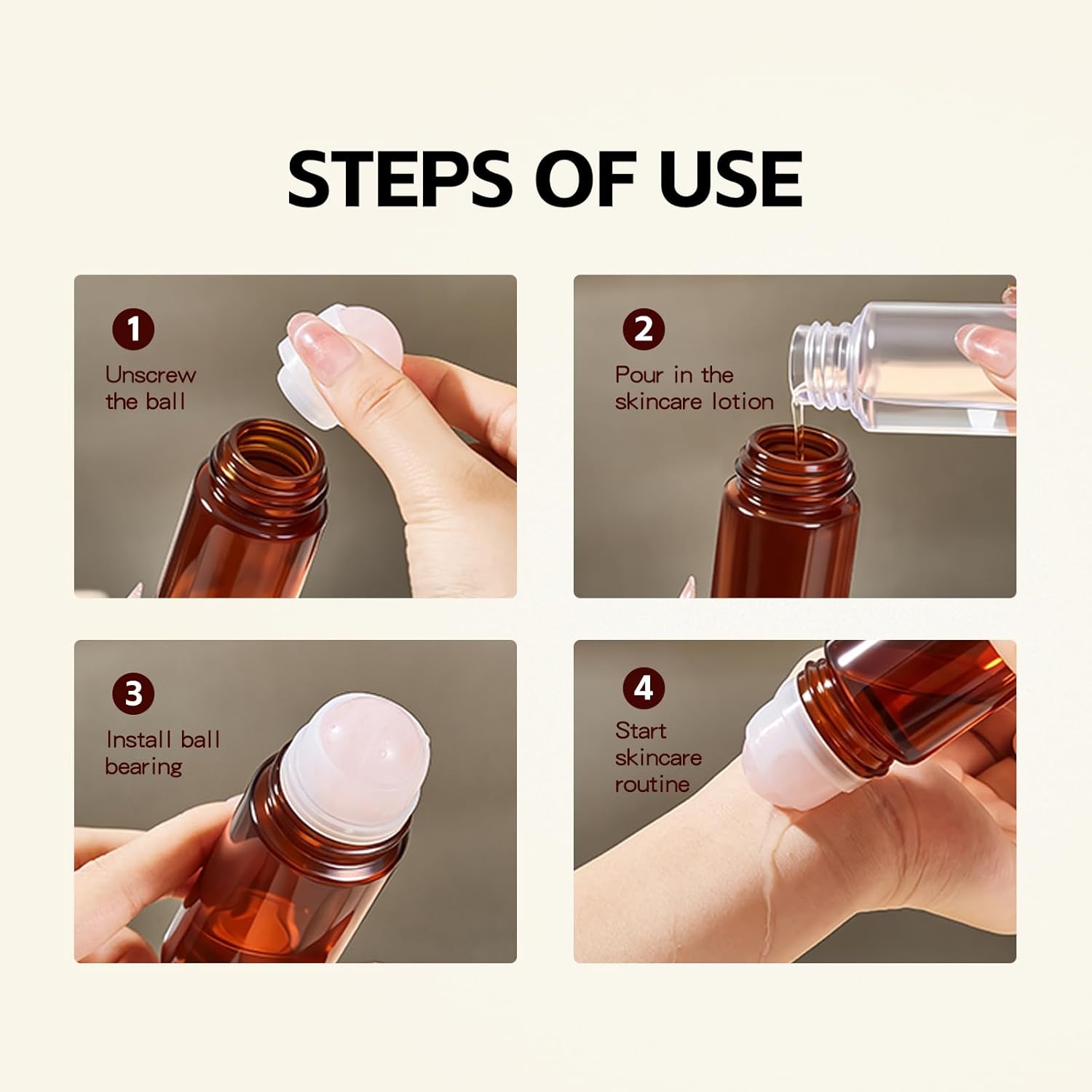Rose Quartz Refillable Roller Ball Applicator for Essential Oils 50ml, Amber Glass Roll on Bottle, Leak-Proof Oil Roller Bottle, Ideal for Travel and Personal Care 2pcs