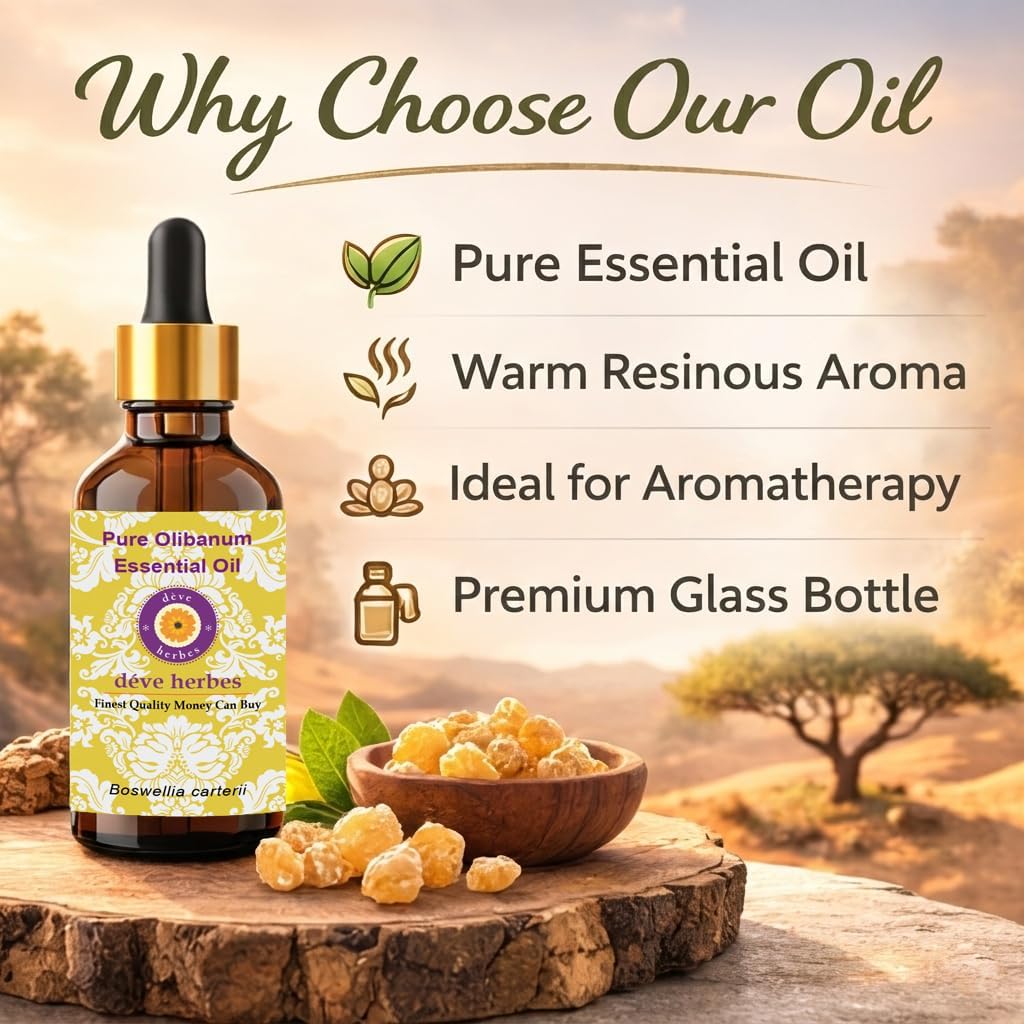 Deve Herbes Pure Olibanum Essential Oil (Boswellia carterii) with Glass Dropper Steam Distilled 30ml (1 oz)