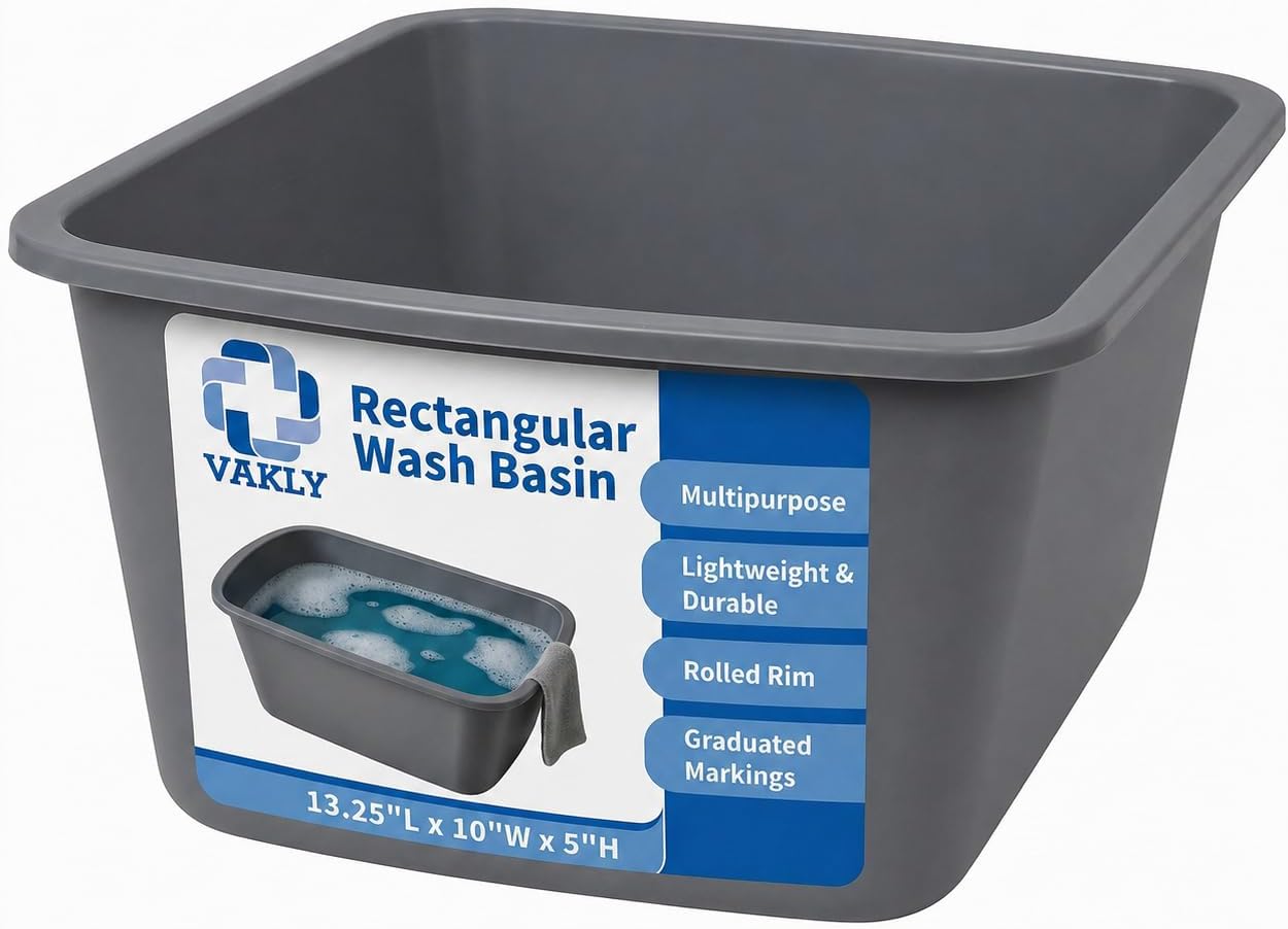 Vakly Wash Basins – Rectangular Plastic 7-Quart Graduated Hospital Soaking Tub with Markings – Small Portable Washbasin for Face Washing, Cleaning, Foot Bath, Dishes, Laundry & Bedside Care