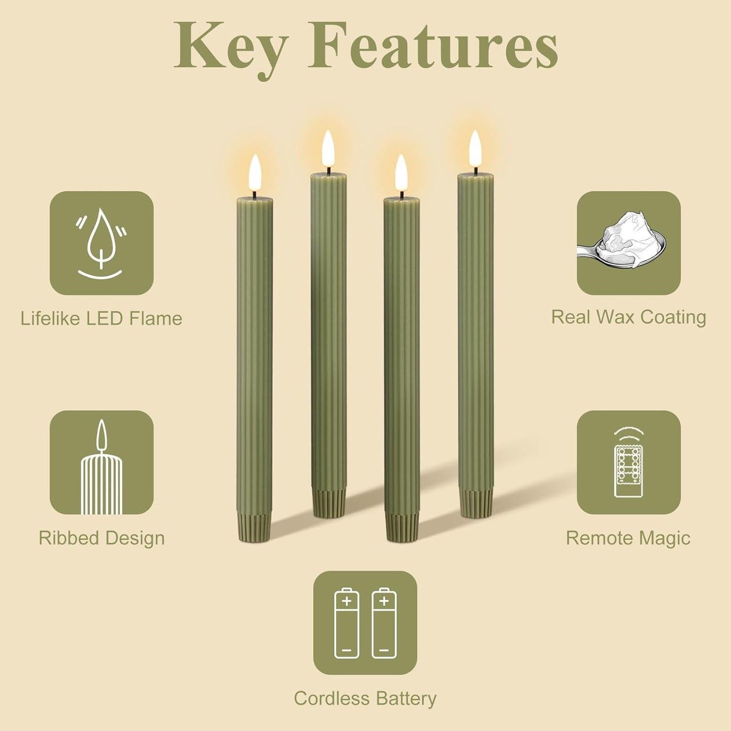 Olive Green Ribbed Fluted Flameless Taper Candles with Remote, Flickering Battery LED Wax Candlesticks Wedding Home Decor Set of 4