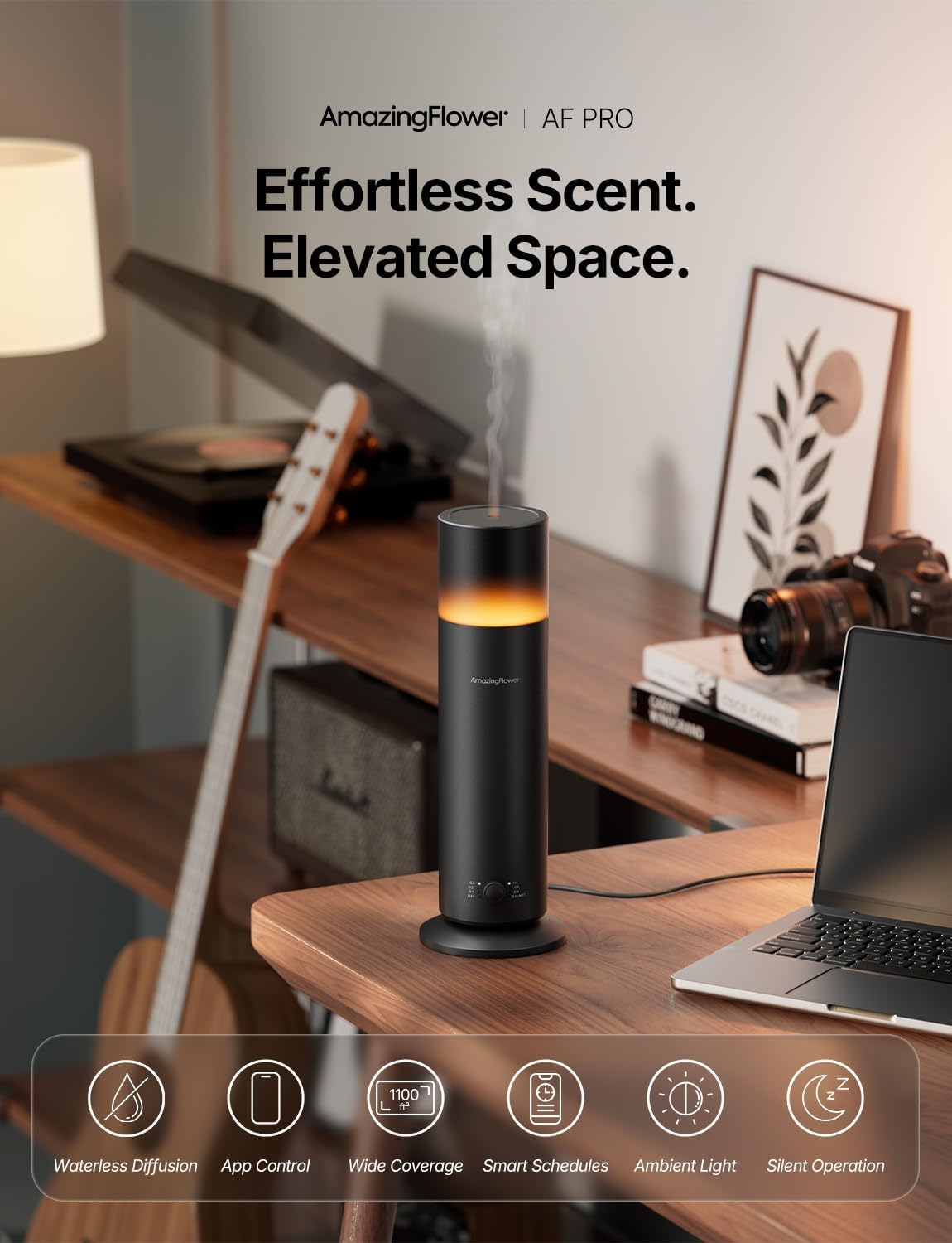 Waterless Essential Oil Diffuser, Smart Scent Diffuser with Nightlight, Smart Schedules, Up to 1100 sq ft, App Control Cold Air Scent Diffuser Oil Machine for Home Large Room and Commercial Use, Black