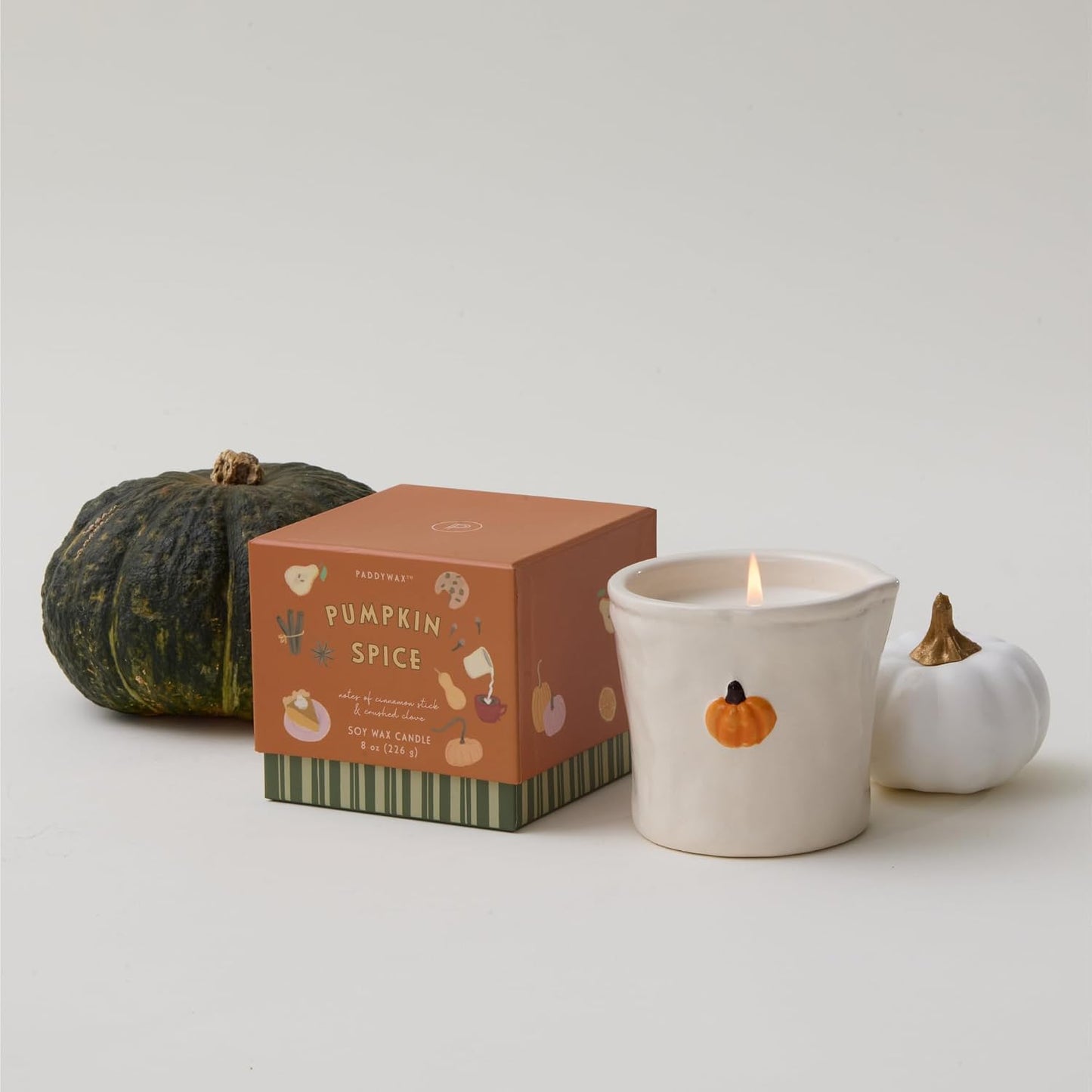 Paddywax Bistro Hand Painted Scented Candle in Ceramic Reusable Food-Safe Jar with Gift Box, Soy Candle with Approx. 56 Hour Burn Time, Pumpkin Spice, 8 oz