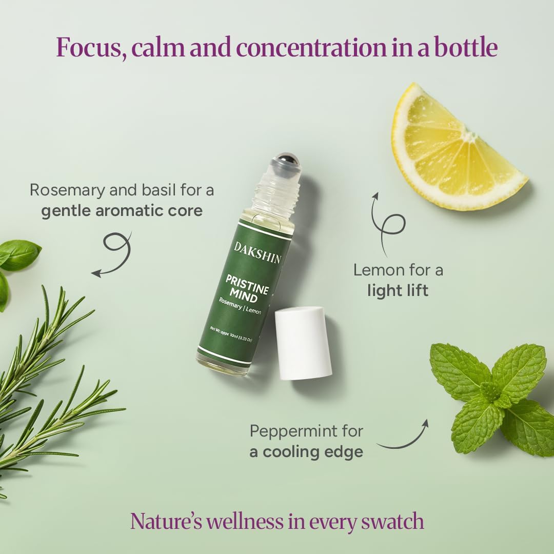 DAKSHIN Pristine Mind Essential Oil Roll-On | Rosemary, Lemon, Basil & Peppermint | Naturally Clarifying Focus Aromatherapy | Cruelty-Free | 10ml