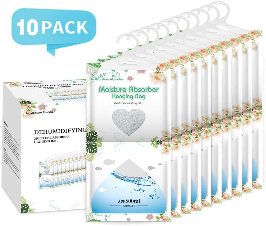 CANAGER Hanging Moisture Absorber-10 Packs, Hanging Dehumidifier Bags for Closet,Bedroom and kitchen,Fragrance Free,Moisture Absorb 12.5OZ