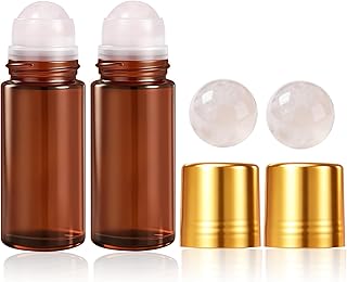 Rose Quartz Refillable Roller Ball Applicator for Essential Oils 50ml, Amber Glass Roll on Bottle, Leak-Proof Oil Roller Bottle, Ideal for Travel and Personal Care 2pcs
