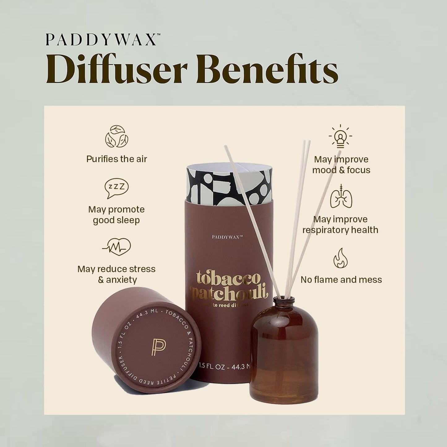 Paddywax Petite Reed Diffuser Set with Wooden Reeds, 720 Hour Long Lasting Home Fragrance Oil Diffuser, Decorative Milky Glass Bottle, Tobacco Patchouli Scent, Brown, 1.5 oz