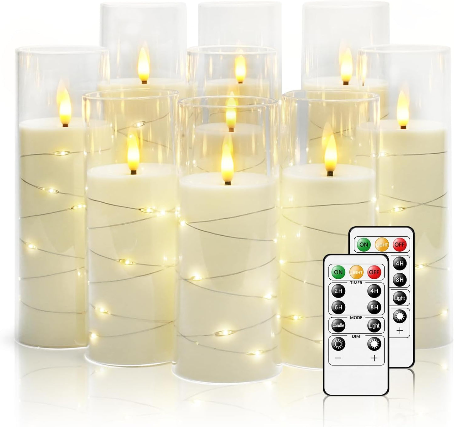 Nimiko Flickering Flameless LED Candles, 9 Pcs with Embedded Star String, Acrylic LED Pillar Candles with Remote, Suitable for Home Decoration (White)