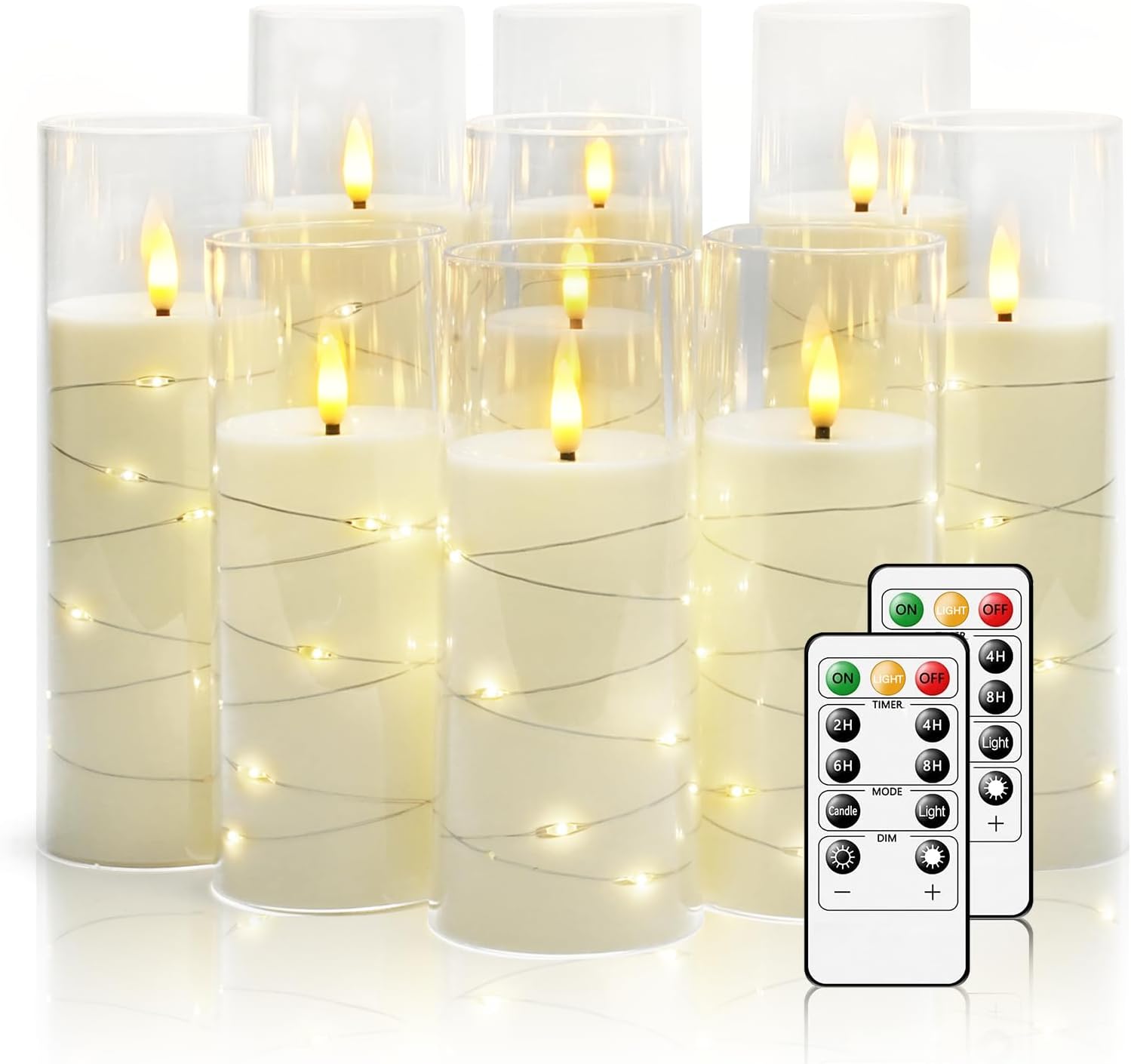 Nimiko Flickering Flameless LED Candles, 9 Pcs with Embedded Star String, Acrylic LED Pillar Candles with Remote, Suitable for Home Decoration (White)