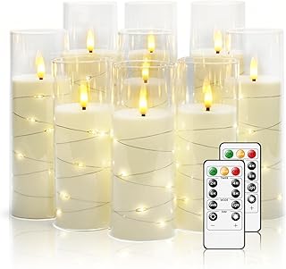Nimiko Flickering Flameless LED Candles, 9 Pcs with Embedded Star String, Acrylic LED Pillar Candles with Remote, Suitable for Home Decoration (White)