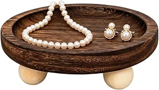 Round Wooden Jewelry Tray with Elevated Ball Feet, Rustic Trinket Ring Dish for Vanity, Keys Candles Small Decor Storage Organizer (Brown-Round)