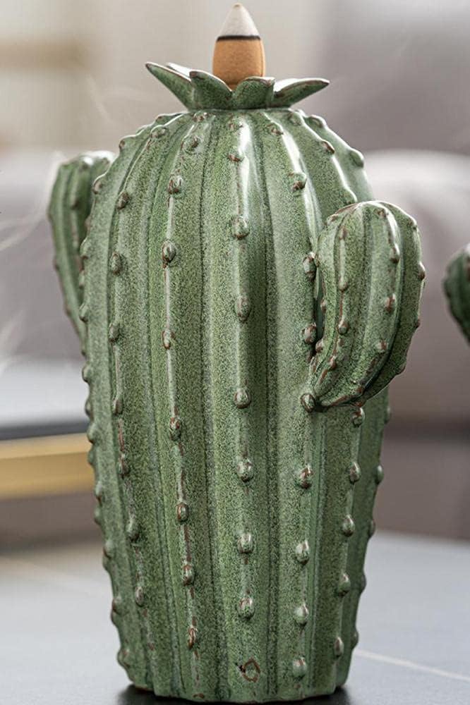 Backflow Incense Burner Holder Cactus Waterfall Home Decor Porcelain with Incense Cone Sticks Holder Incense Sticks Backflow Incense Cones Mat Tweezer Gift Set (3)