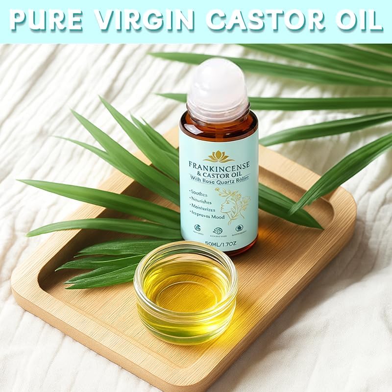 Frankincense and Castor Oil, Organic Castor Oil Roll On with Rose Quartz Roller, 100% Pure, Organic, Cold-Pressed, Firms Skin, Reduces Fine Lines, Suitable for Face, Neck, Abdomen(50ML/1.7OZ)
