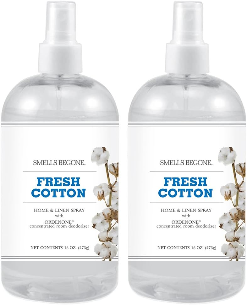 SMELLS BEGONE Air Freshener Home & Linen Spray - 16 oz, Pack of 2 - Odor Eliminator - Made with Essential Oils (Fresh Cotton)