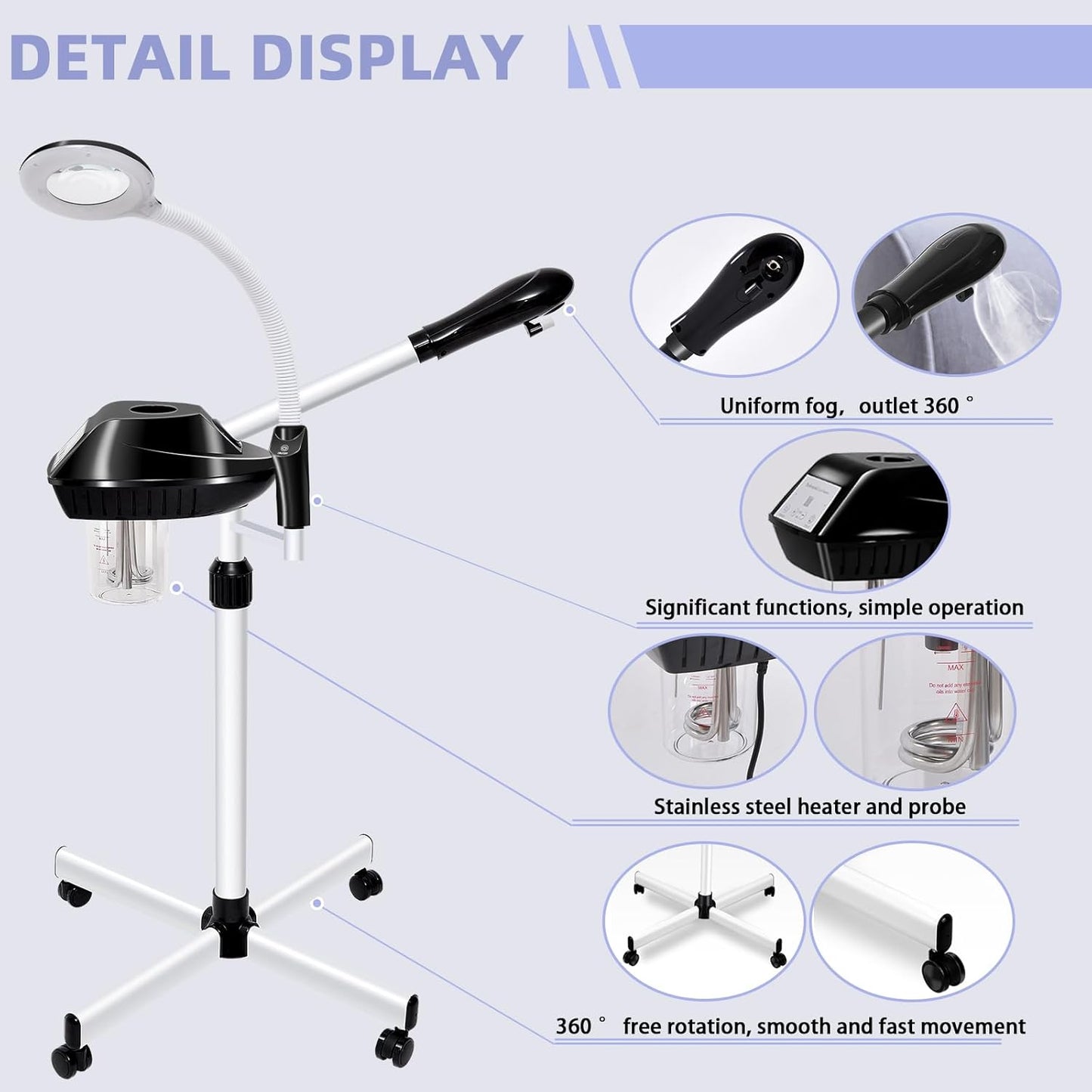Professional Facial Steamer, 2 in 1 Face Steamer on Wheels with 5X Magnifying Lamp for Deep Cleansing and Hydration, with Time Setting for Spa, Salon and Home Use