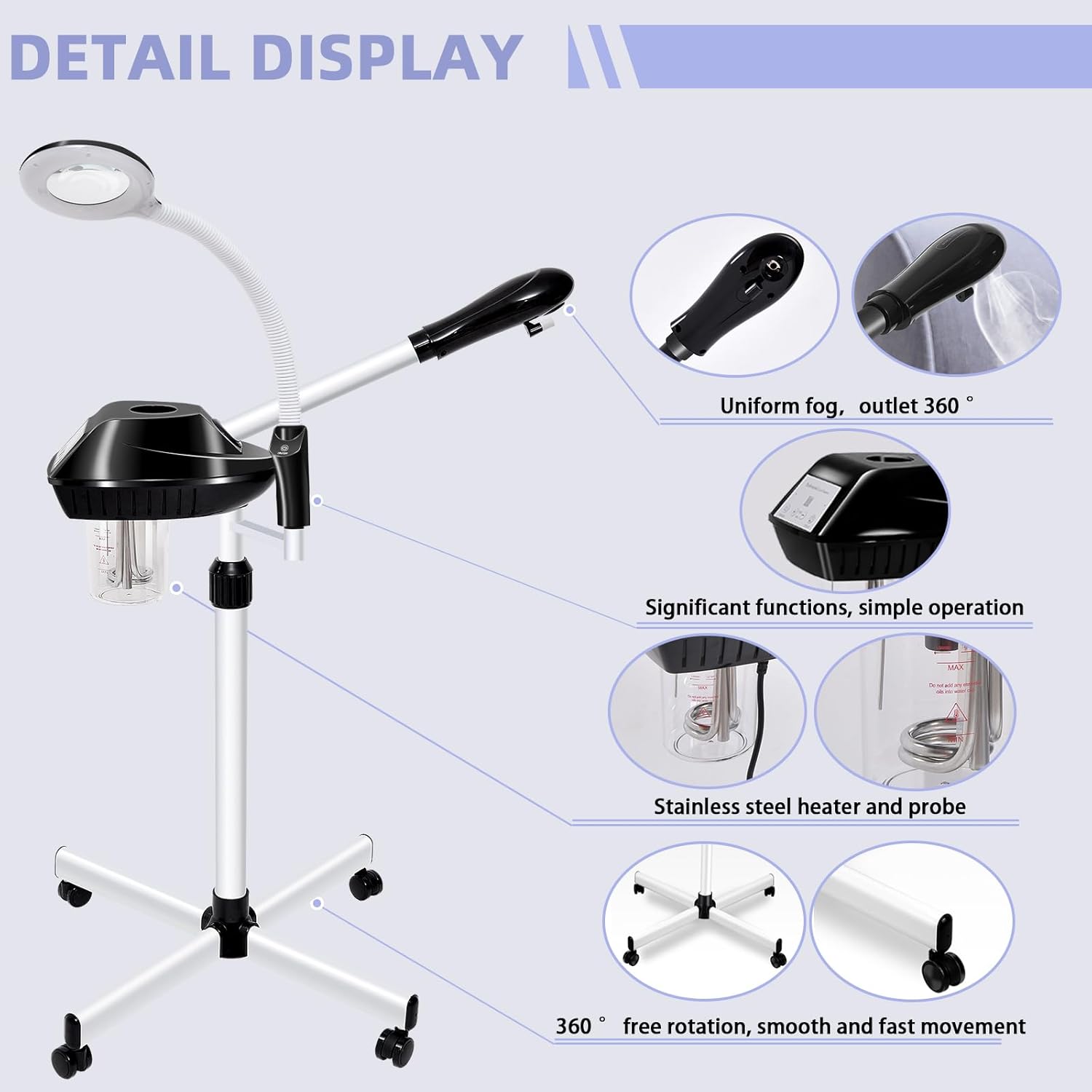 Professional Facial Steamer, 2 in 1 Face Steamer on Wheels with 5X Magnifying Lamp for Deep Cleansing and Hydration, with Time Setting for Spa, Salon and Home Use