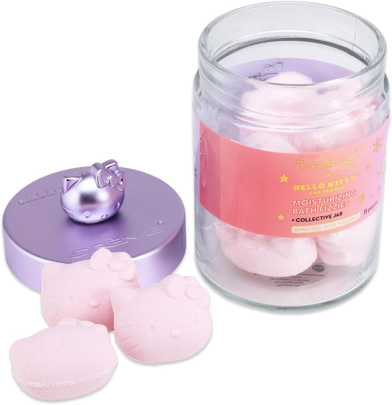 The Crème Shop x Hello Kitty Bath Fizzies for Kids - Bundle with 11 Scented Mini Bath Bombs in Collectible Jar Plus Stickers, More | The Crème Shop x Hello Kitty Bathroom Set for Kids, Teens, Adults