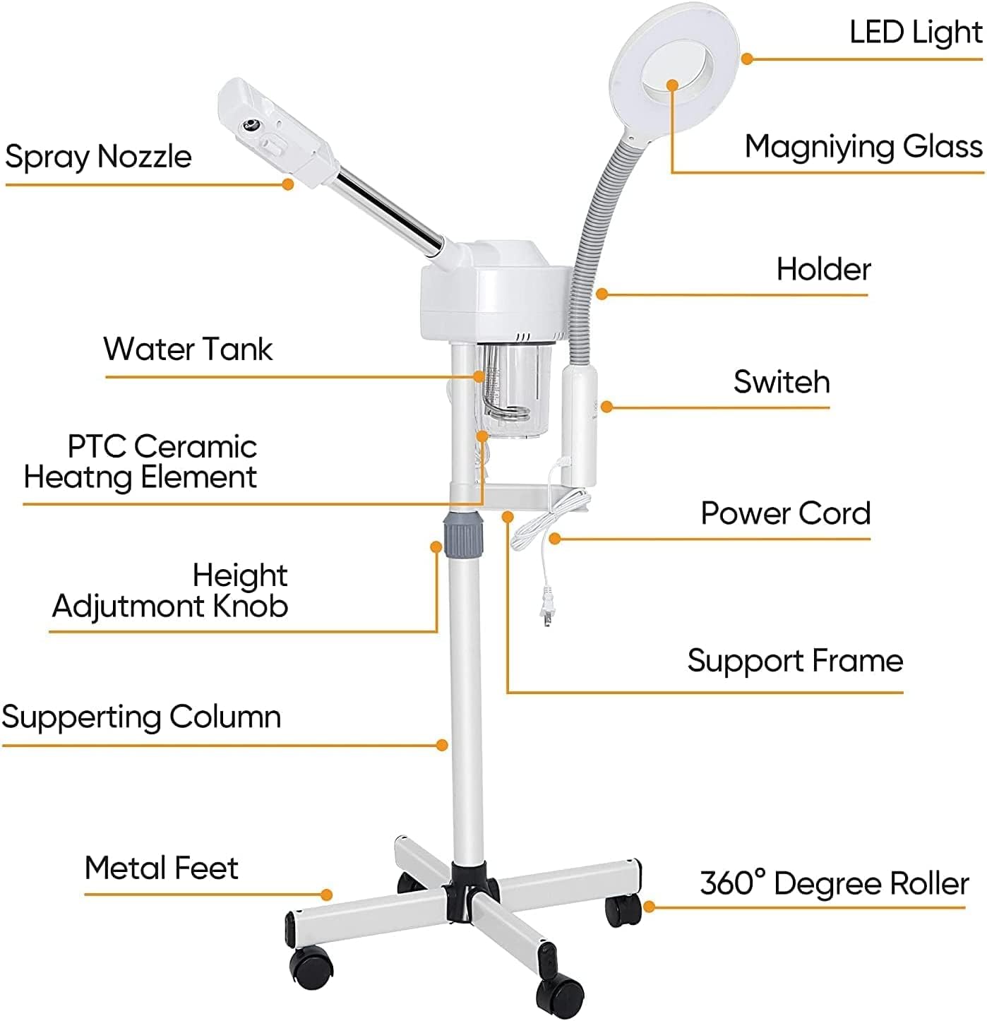 2 in 1 Facial Steamer Professional Nano Ionic Face Deep Cleansing Hydration with 5X Magnifying LED Lamp & Rolling Wheels, High Frequency, Portable Home Spa Salon Beauty Skin Care Equipment