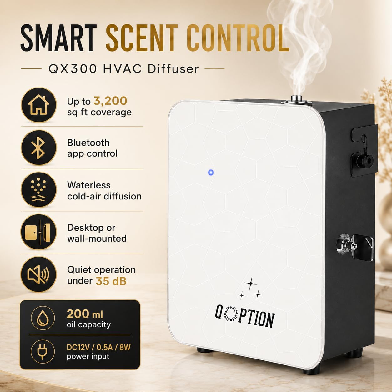 QX300 HVAC Scent Diffuser Machine, Bluetooth App Control, Waterless Cold Air Home Fragrance System for Whole House, Office, Salon, Up to 3200 Sq Ft