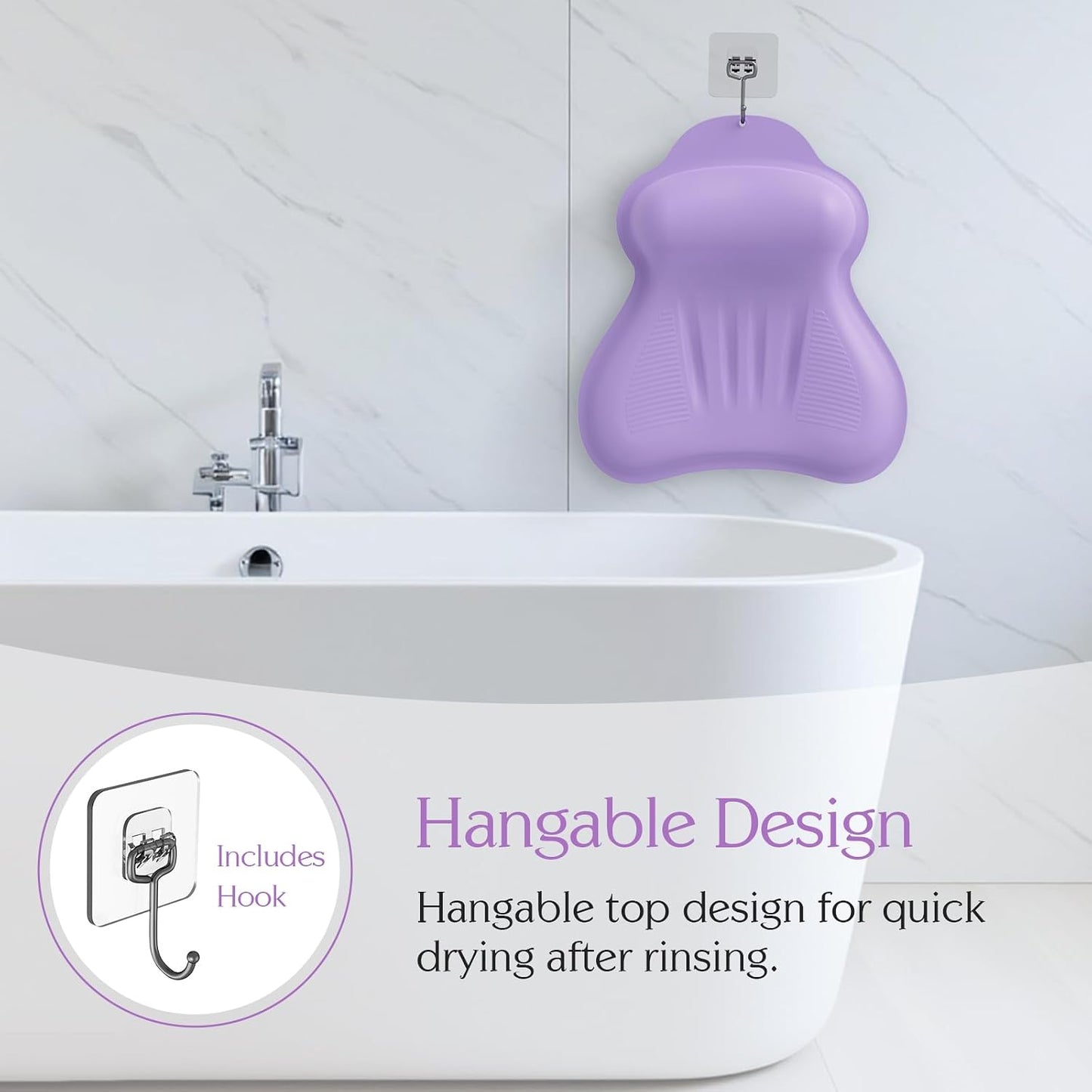 Silicone Bath Pillow, New Material Bath Pillows for Tub Head Neck and Back Support, Bath Tub Pillow with 4D Press Inflatable Airbag and Non-Slip Strong Suction Cups, Quick-Drying, Easy to Store,Purple