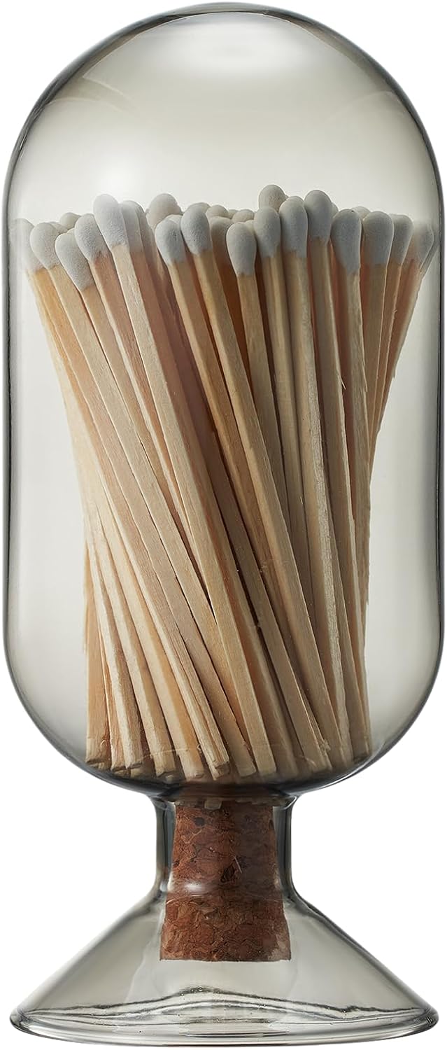 Glass Match Cloche with Striker - Smoke Grey with Cork Stopper - Includes 100 Match Sticks - Perfect for Fireplace, Home, Living Room, Office, Decor, Candle Matches, Gifts for Women Her - 6.7" H X 3"