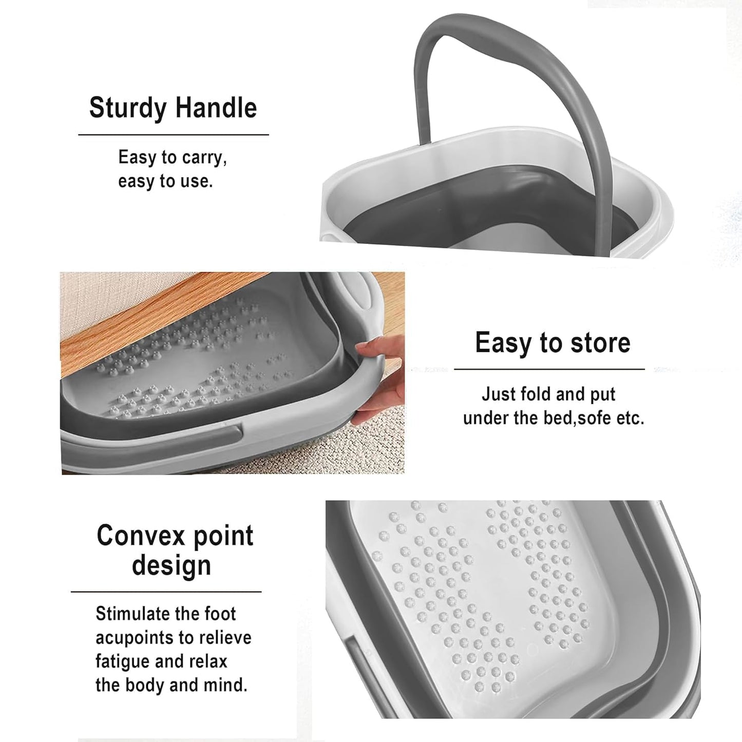 Collapsible Foot Bath Basin for Soaking Feet, Foot Soak Tub, Plastic Foot Bucket with Handles and Massage Acupoint for Pain Relief,Pedicure,Home Spa Treatment (White)