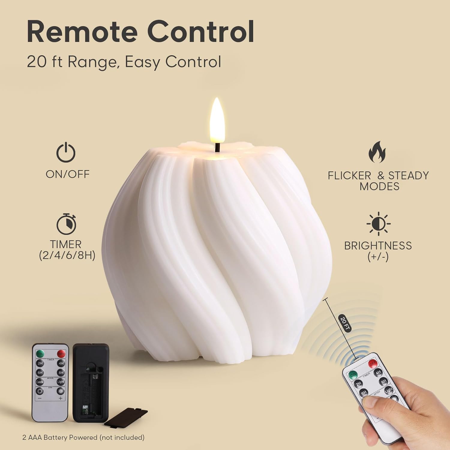 White Swirl Flameless Candles with Remote, Aesthetic Twirl LED Pillar Candle Housewarming Gift Home Shelf Decor 1 Pack