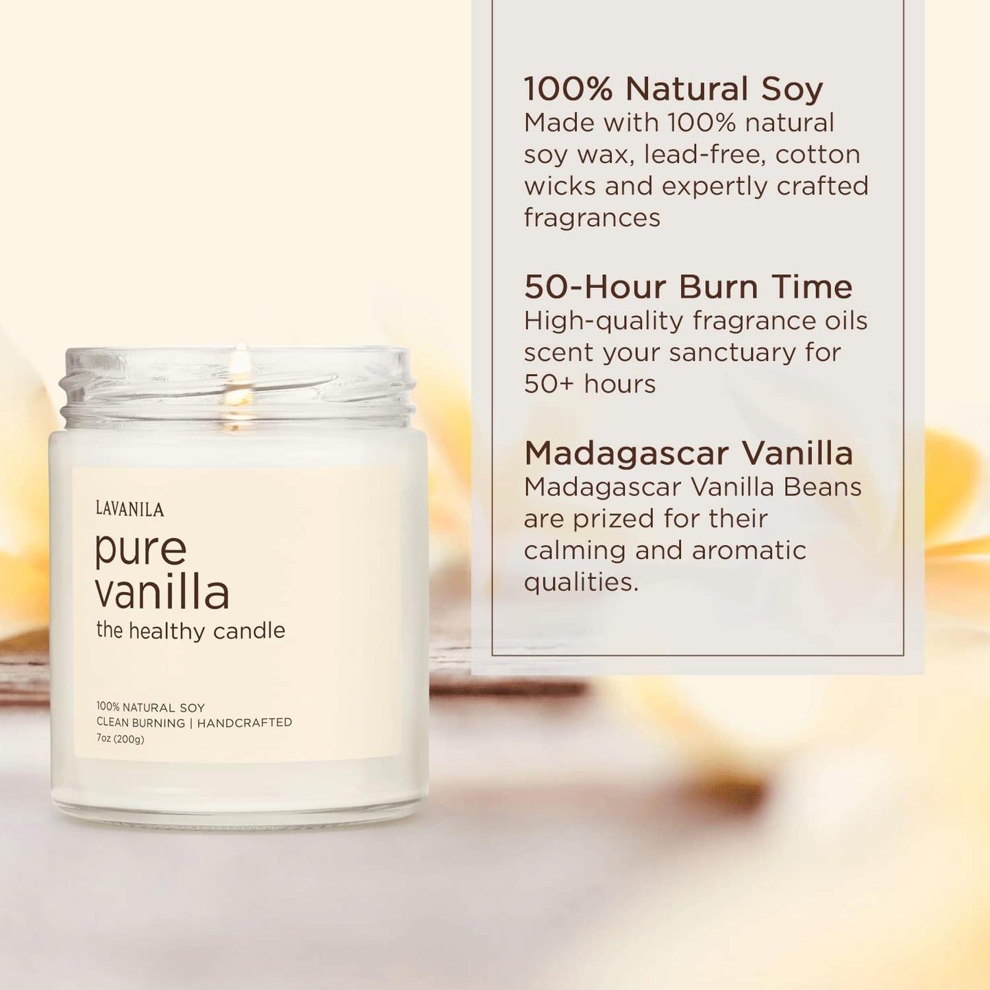 Lavanila Pure Vanilla Scented Natural Soy Candle (2-Pack) - Handcrafted, Clean Burning 50 Hour Burn Time, 7 oz Each