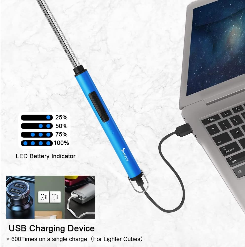 SUPRUS Fluorescent Lighter Glows in The Dark 360°Flexible Neck USB Rechargeable Windproof Triple Safety for Candle Cooking BBQ in Party (Blue)
