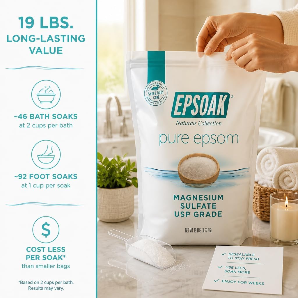 Epsoak Epsom Salt 19 lb. Magnesium Sulfate USP. Resealable Epsom Salt Bag Unscented, Made in The USA, Cruelty-Free Certified
