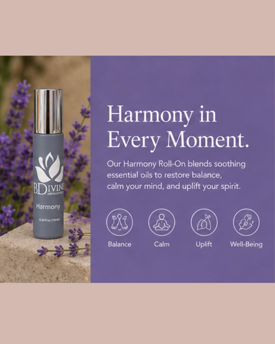 B Divine Aromatherapy Essential Oil Roll-On – 100% Pure Therapeutic Grade | Natural Aromatherapy for Stress Relief, Sleep, Energy, & Focus | Easy On-the-Go Wellness | 10ml (Harmony)