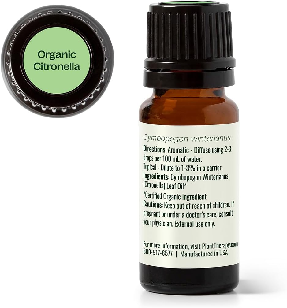 Plant Therapy Citronella Organic Essential Oil 10 mL (1/3 oz), 100% Pure, USDA Certified Organic, Undiluted, Natural Aromatherapy for Outdoor Pests and Immune Support