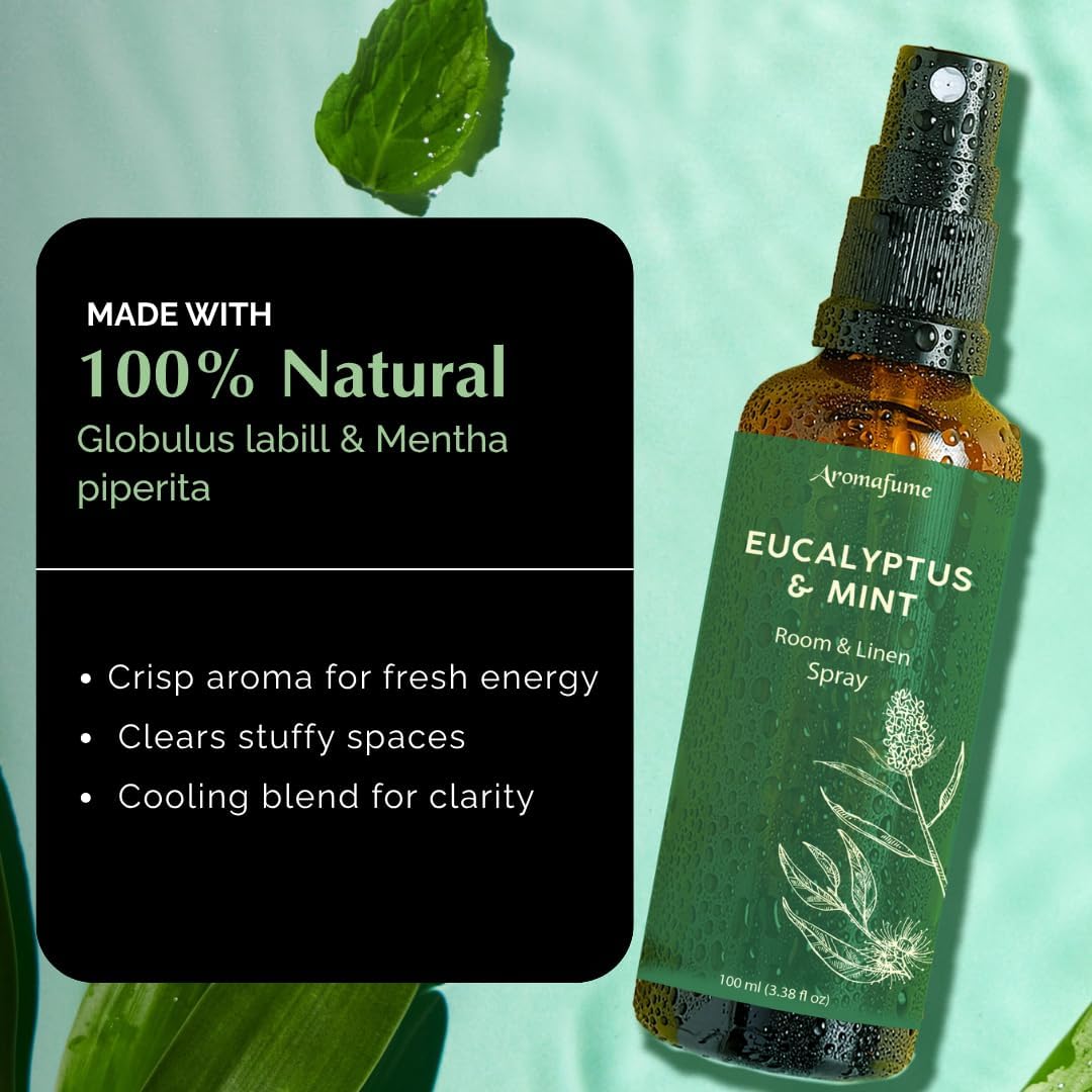 Eucalyptus & Mint Room, Linen & Pillow Spray by Aromafume | 100ml/3.38fl oz | with Pure Eucalyptus & Mint Essential Oil | Aromatherapy | Mist for Bedding, Fabrics