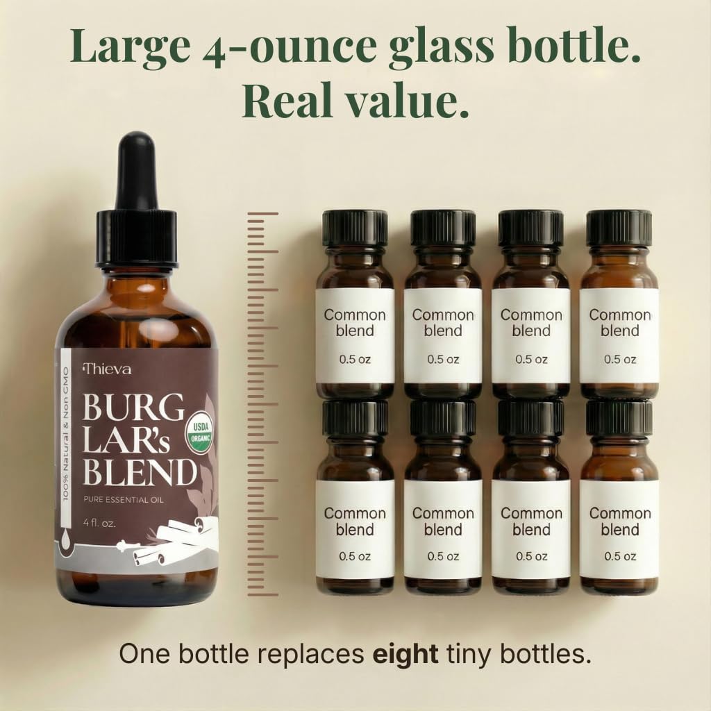 THIEVA Burglar’s Blend Essential Oil 4 oz – USDA Organic Pure Oil Blend for DIY Household Cleaning Seasonal Home Wellness and Diffuser Aromatherapy