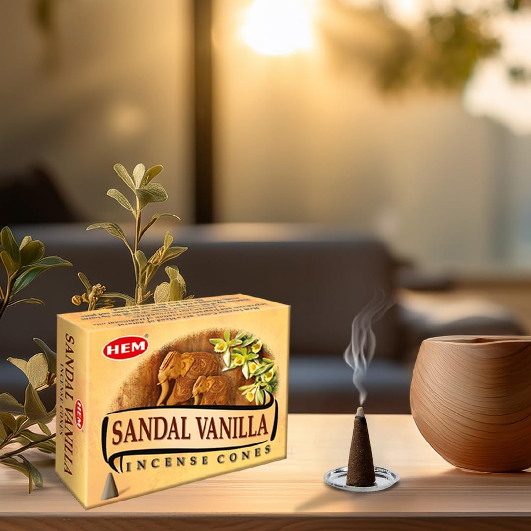 Hem Sandal Vanilla Incense Cones – 12 Pack (10 Cones Each) | Handcrafted in India | Soothing Sandalwood & Sweet Vanilla Aroma | Meditation, Relaxation & Home Fragrance
