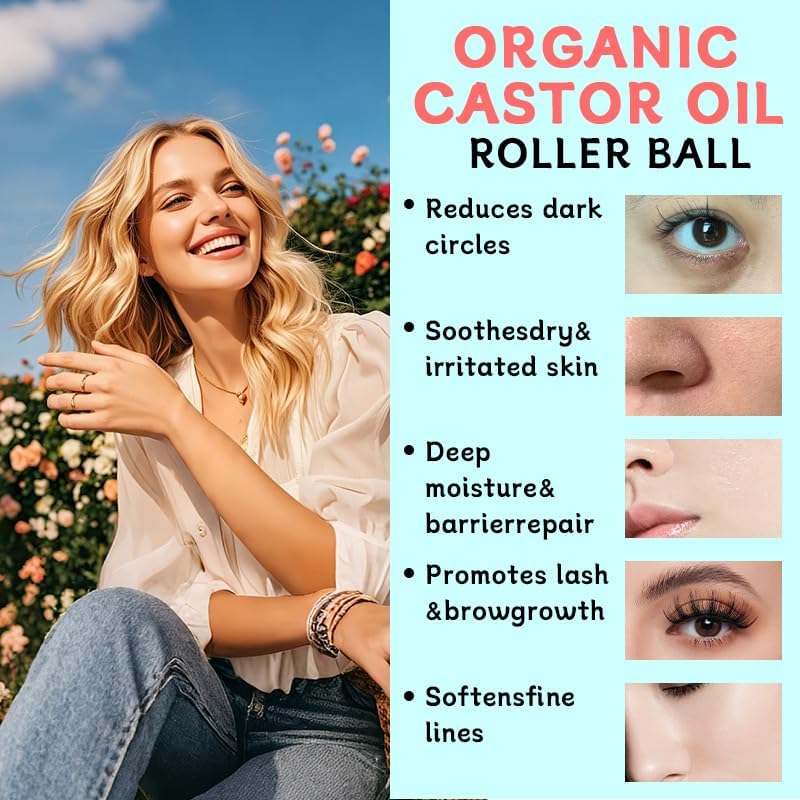 Frankincense and Castor Oil, Organic Castor Oil Roll On with Rose Quartz Roller, 100% Pure, Organic, Cold-Pressed, Firms Skin, Reduces Fine Lines, Suitable for Face, Neck, Abdomen(50ML/1.7OZ)