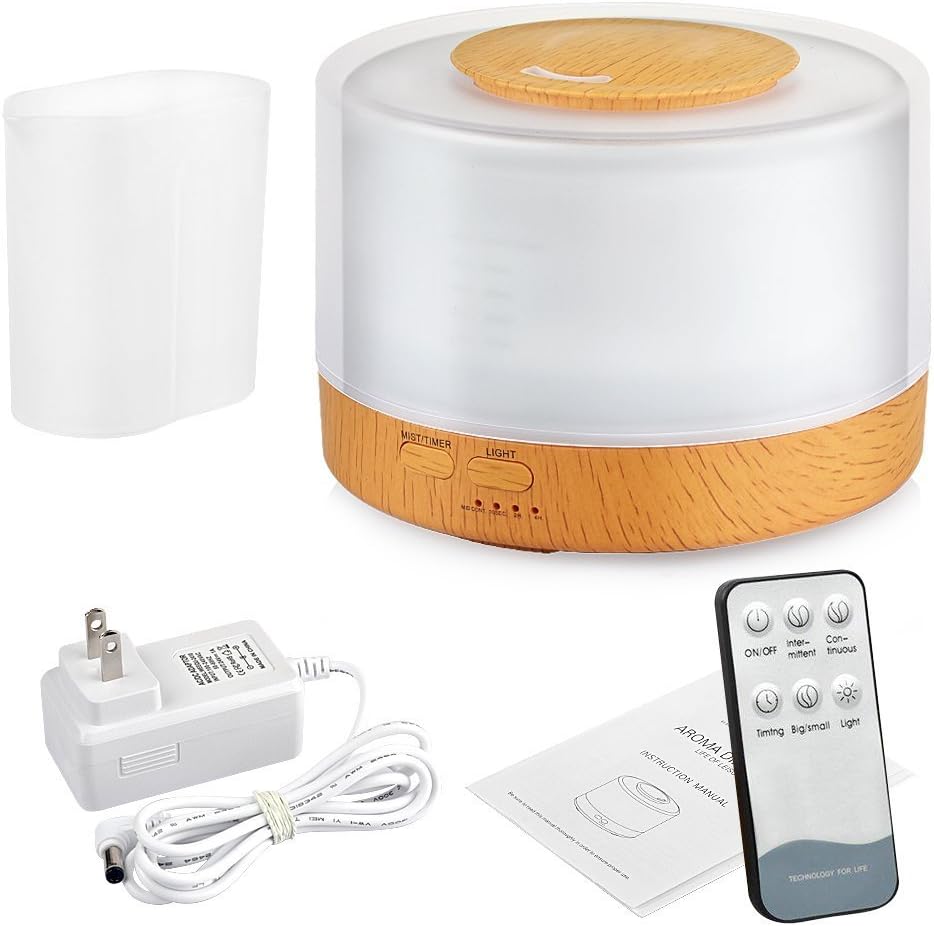 Remote Control Essential Oil Diffuser, 500ml Ultrasonic Aroma Cool Mist Humidifier with 7 Color Light Changing and 4 Timer Settings (Wood Grain)