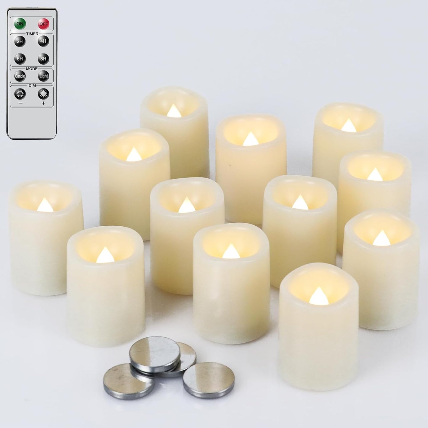 Flameless Flickering LED Votive Candles Remote and Timer, Battery Operated Tealights Battery Included, Amber Yellow Light 1.5 x 2 inch Set of 12 for Christmas Decoration