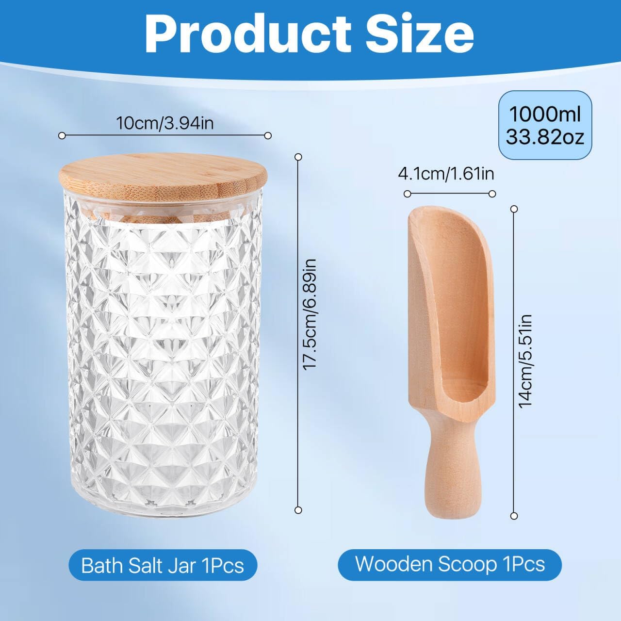 1000ML/33OZ Acrylic Bath Salt Container, Anti-shatter Bath Salt Jars with Airtight Lids & Wooden Scoop, Acrylic Jars with Lids for Coffee, Sugar, Cookie, Bath Tub Accessories for Women